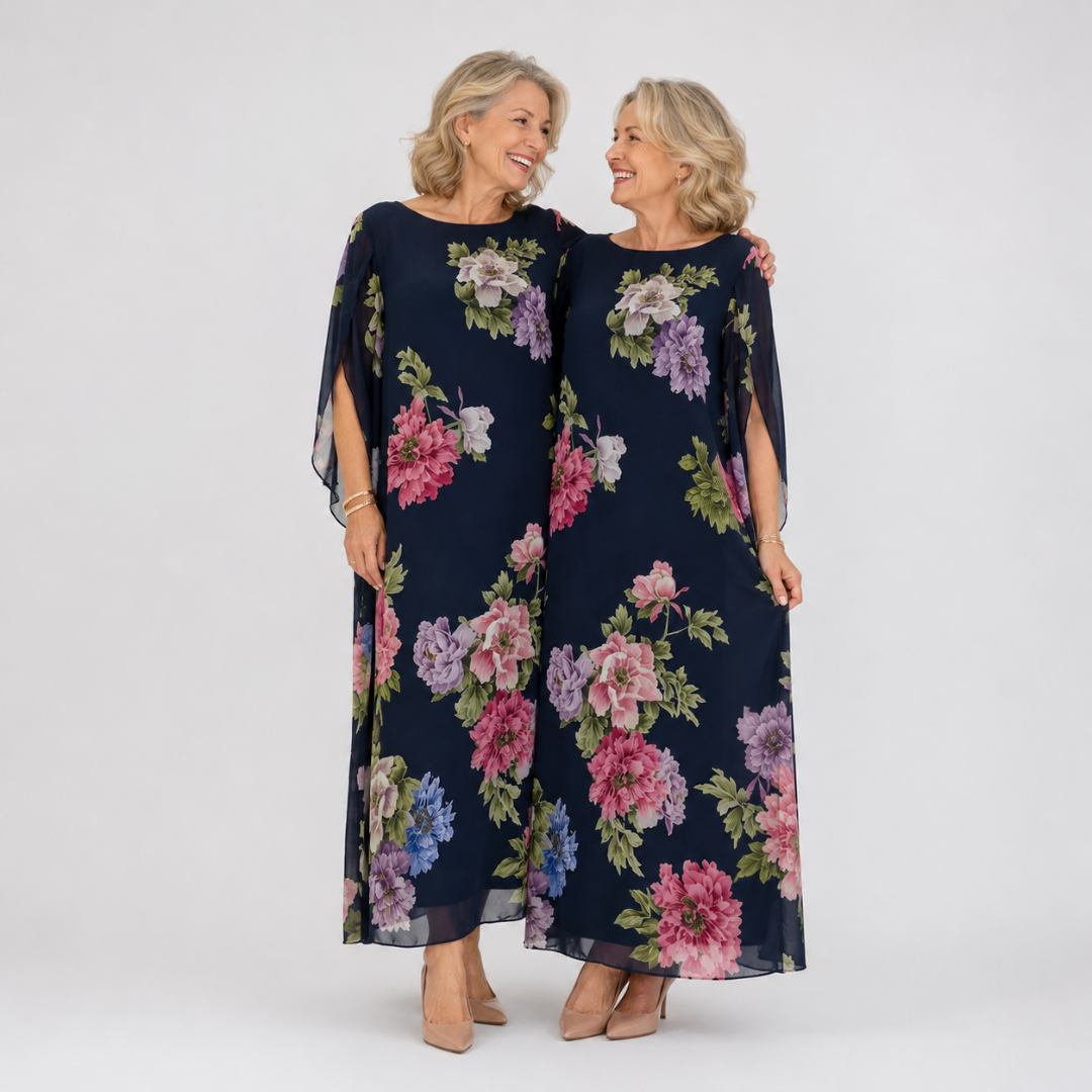 Anselma — Midnight Floral Maxi Dress with Cape Sleeves