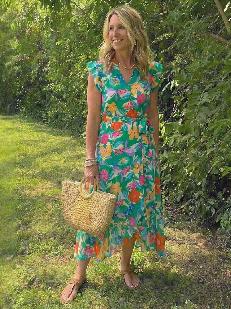 Kerttu — Floral V-Neck Tiered Midi Dress with Flutter Sleeves