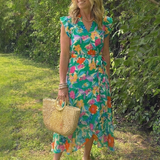 Kerttu — Floral V-Neck Tiered Midi Dress with Flutter Sleeves