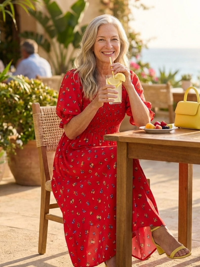 Jorid — Red Square-Neck Maxi Dress with Puff Sleeves and Front Slit