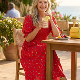 Jorid — Red Square-Neck Maxi Dress with Puff Sleeves and Front Slit
