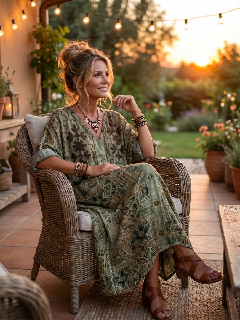 Cadella — Olive Embroidered Button-Front Relaxed Midi Dress with Pockets
