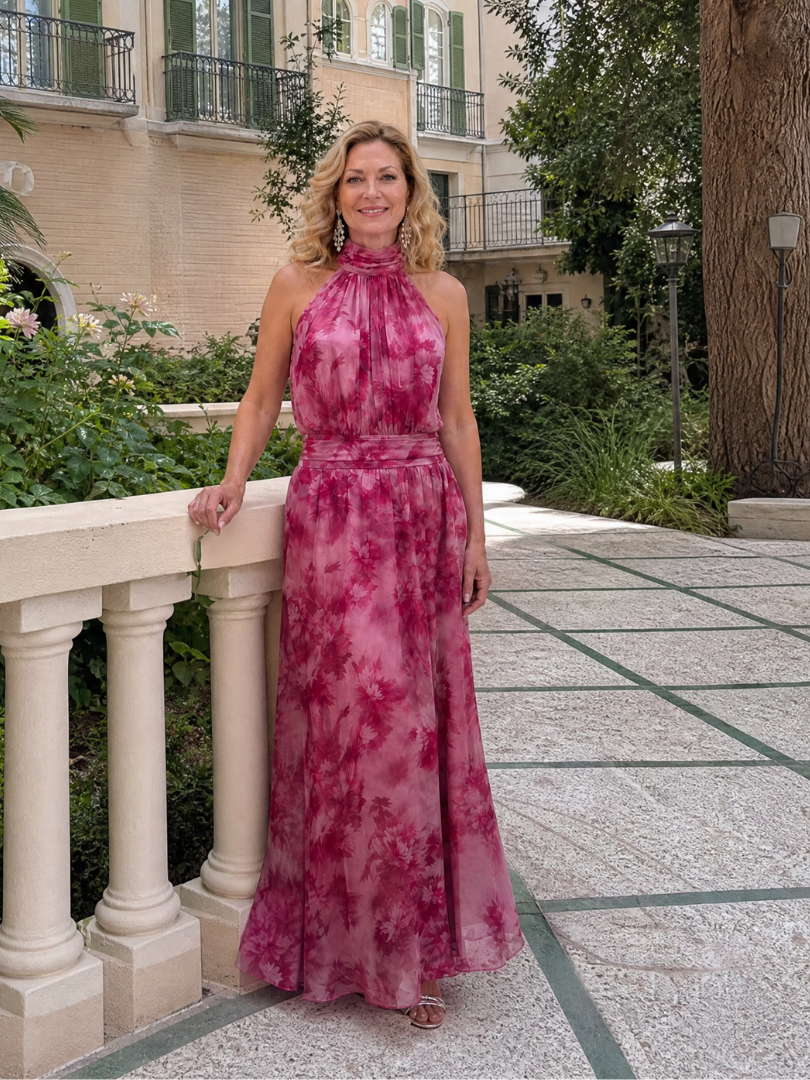 Marthe — Pink Floral Halter Midi Dress with Gathered Bodice