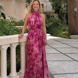 Marthe — Pink Floral Halter Midi Dress with Gathered Bodice