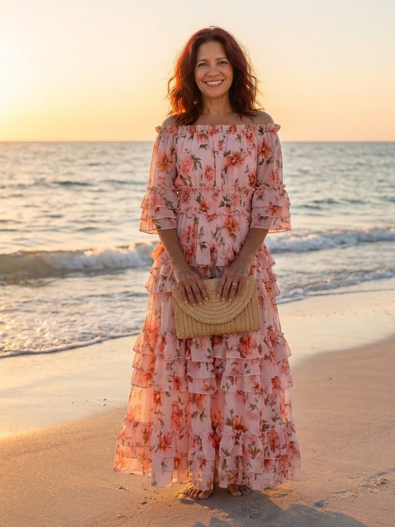 Cynwen — Peach Floral Off-Shoulder Tiered Maxi Dress with Ruffle Hem