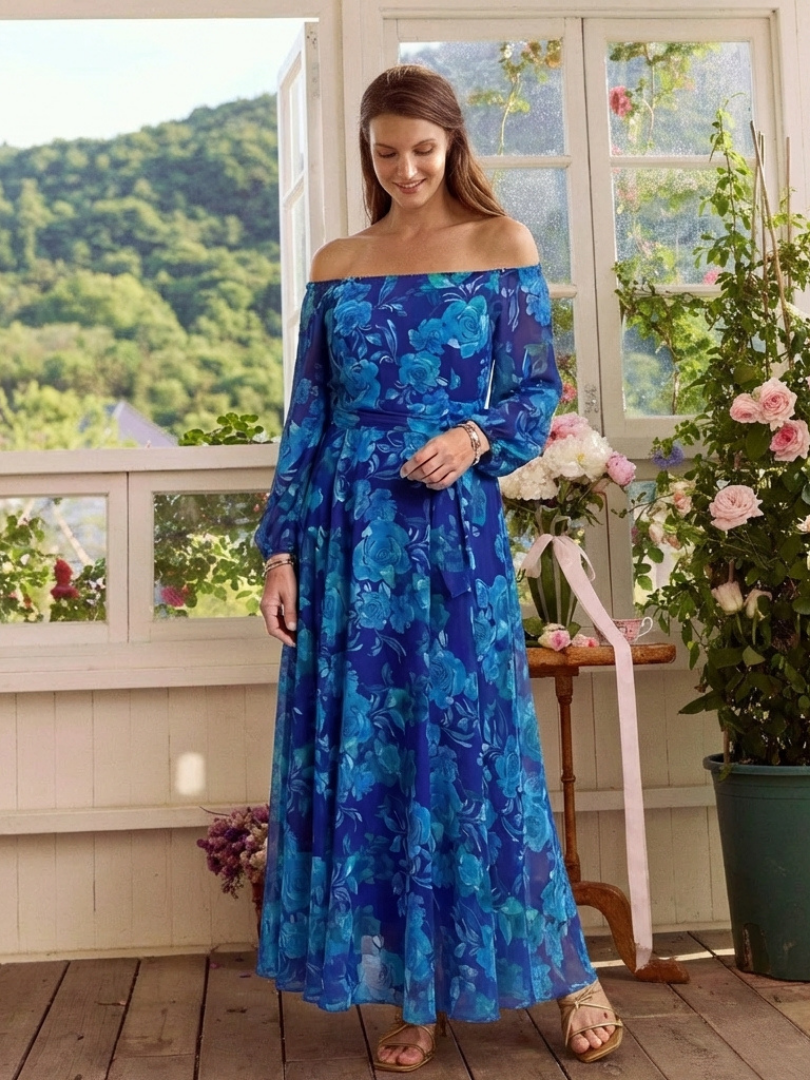 Magnhild — Blue Floral Off-Shoulder Maxi Dress with Long Sleeves