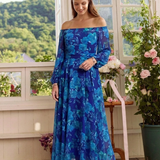 Magnhild — Blue Floral Off-Shoulder Maxi Dress with Long Sleeves