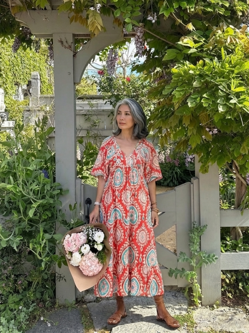 Isolina — Red Medallion-Print Tiered Maxi Dress with Short Sleeves