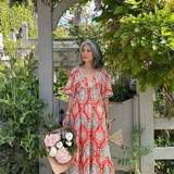 Isolina — Red Medallion-Print Tiered Maxi Dress with Short Sleeves