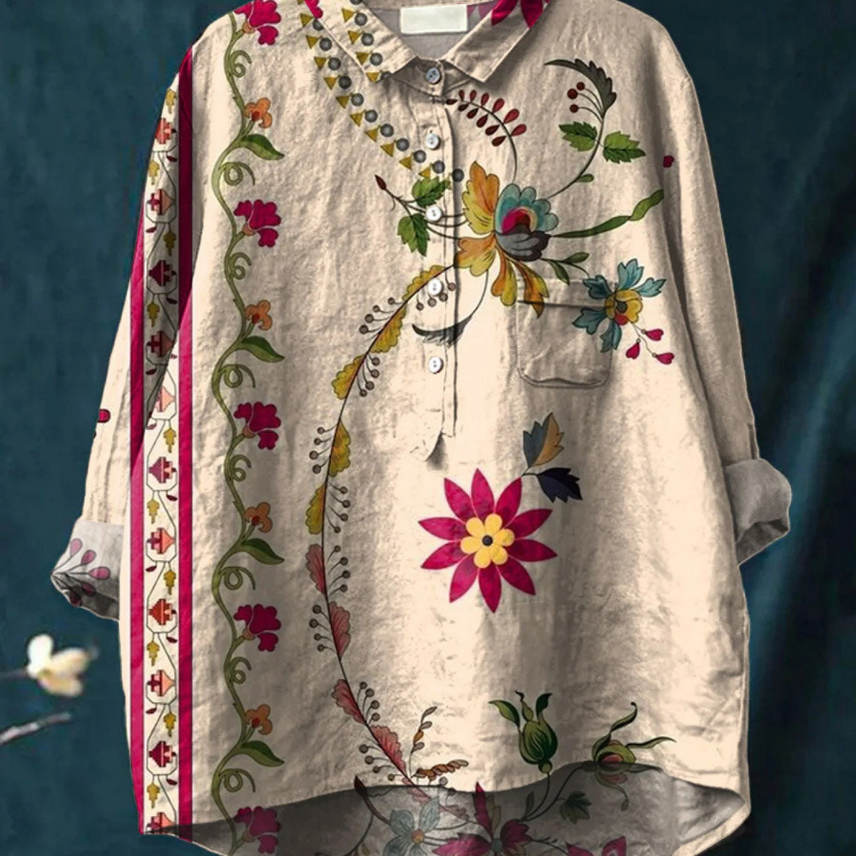 Leandra — Cream Floral Border Print Button-Up Blouse