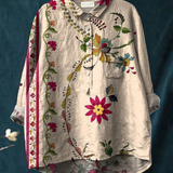 Leandra — Cream Floral Border Print Button-Up Blouse