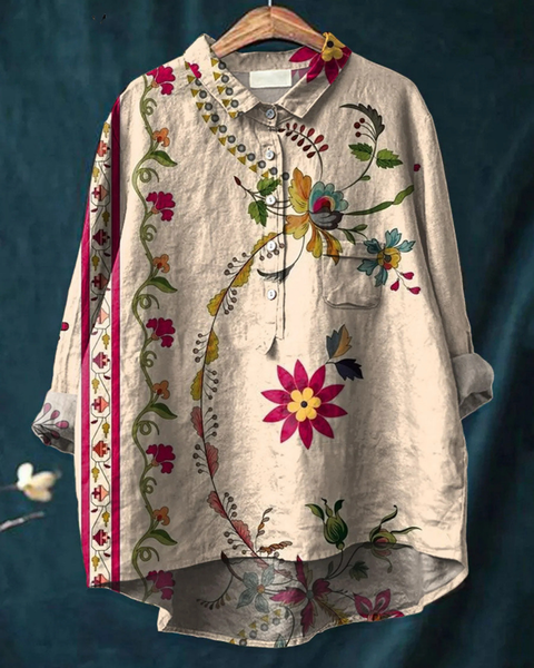 Leandra — Cream Floral Border Print Button-Up Blouse