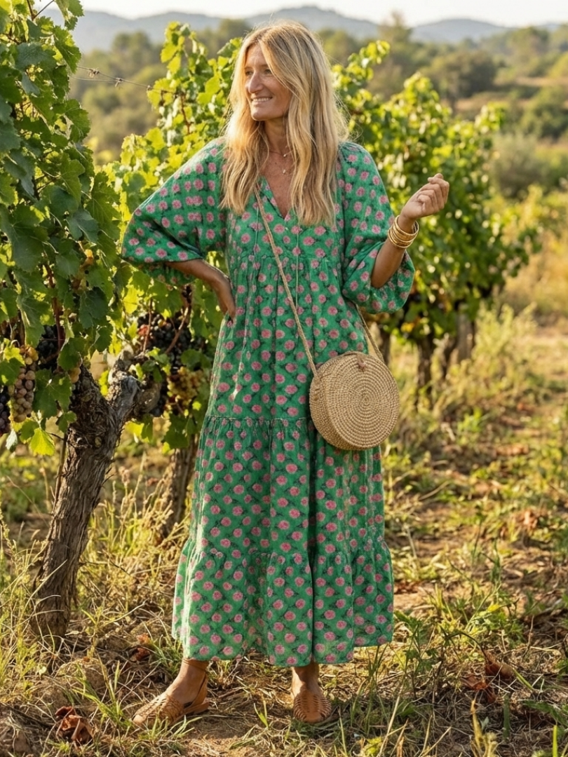 Gerlinde — Green Block-Print Tiered Maxi Dress with Puff Sleeves