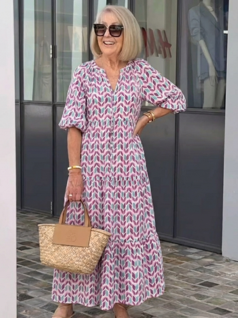 Leofrun — Lilac Chevron-Print Tiered Maxi Dress with Balloon Sleeves