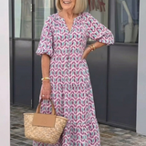 Leofrun — Lilac Chevron-Print Tiered Maxi Dress with Balloon Sleeves