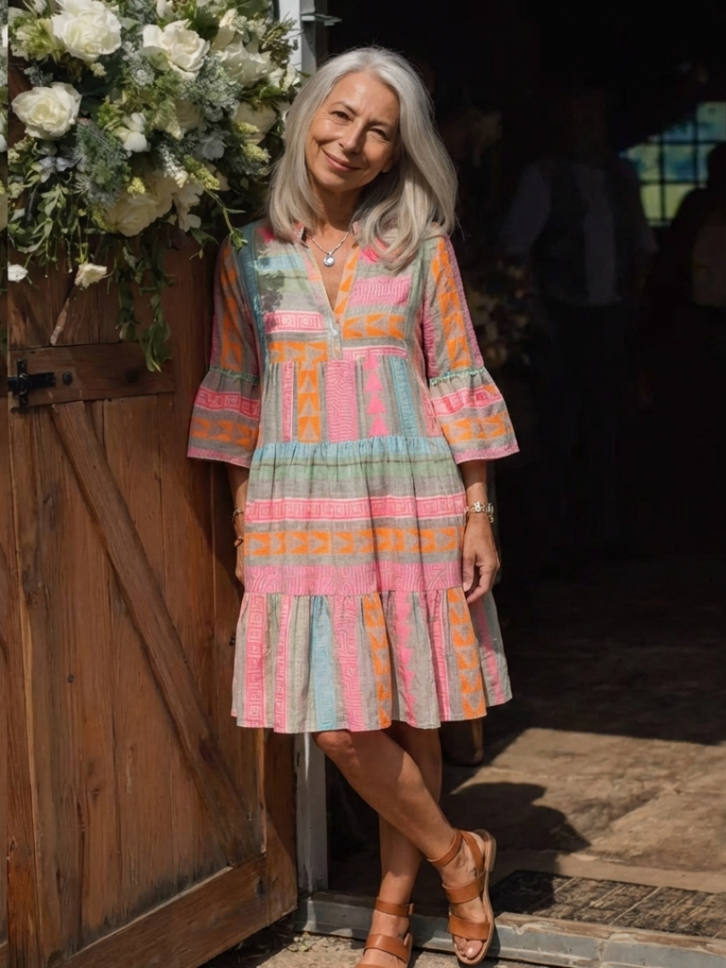 Fainche — Colour-Block Print Tiered Knee-Length Dress with V-Neck and Bell Sleeves