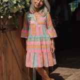 Fainche — Colour-Block Print Tiered Knee-Length Dress with V-Neck and Bell Sleeves
