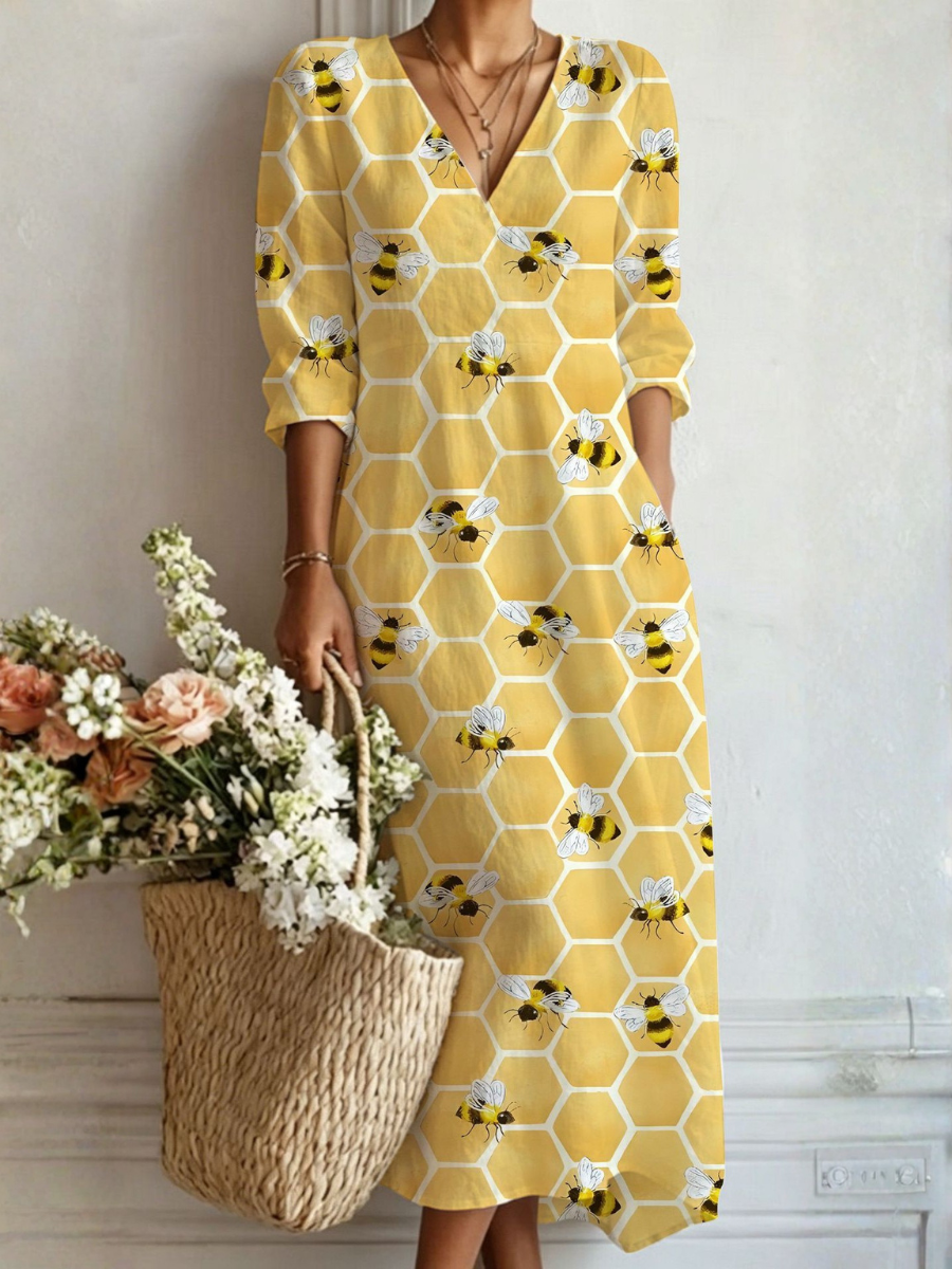Bexley — Yellow Honeycomb-Print V-Neck Boho Maxi Dress