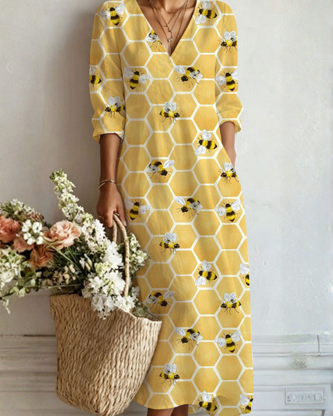 Bexley — Yellow Honeycomb-Print V-Neck Boho Maxi Dress