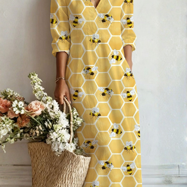 Bexley — Yellow Honeycomb-Print V-Neck Boho Maxi Dress