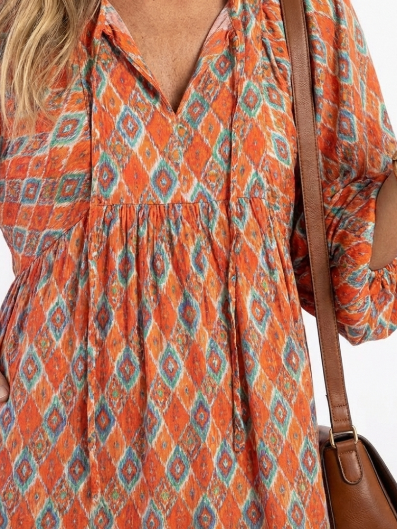 Herta — Orange Ikat-Print Tiered Maxi Dress with Tie Neck and Balloon Sleeves