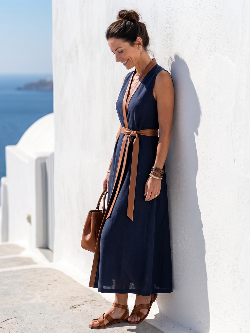 Coralyn — Sleeveless Midi Dress with Contrast Belt Tie and Trim