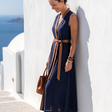 Coralyn — Sleeveless Midi Dress with Contrast Belt Tie and Trim