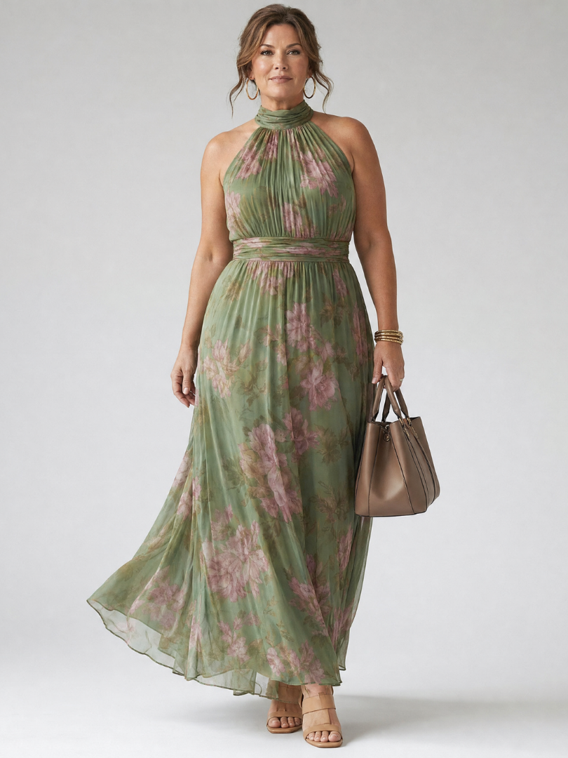 Abelone — Sage Green Floral Halter Midi Dress with Gathered Waist