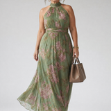 Abelone — Sage Green Floral Halter Midi Dress with Gathered Waist