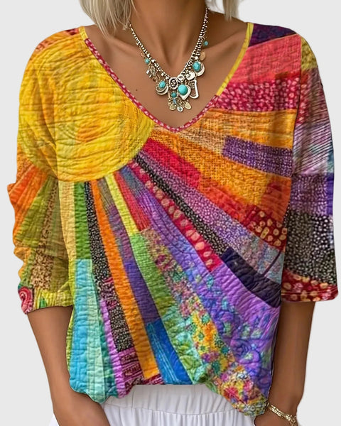 Babette — Rainbow Sunburst Patchwork V-Neck Top