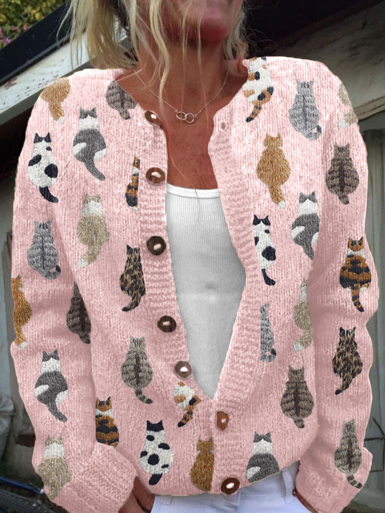 Marguerite — Cosy Artistic Cat Print Knit Cardigan