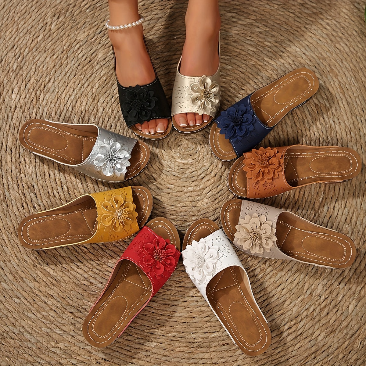 Darcy — Flower-Detail Wedge Slide Sandals