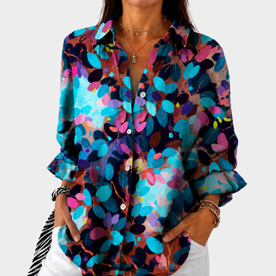 Zoe — Blusa Folhagem Azul-Turquesa