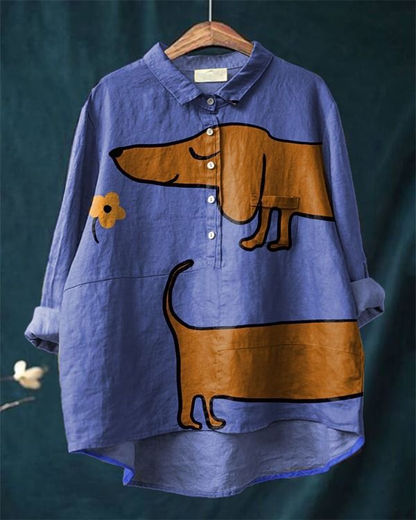 Carmelita — Blue Dachshund Print Button-Up Blouse