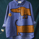 Carmelita — Blue Dachshund Print Button-Up Blouse