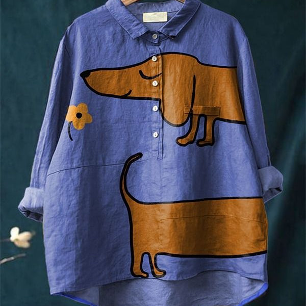 Carmelita — Blue Dachshund Print Button-Up Blouse