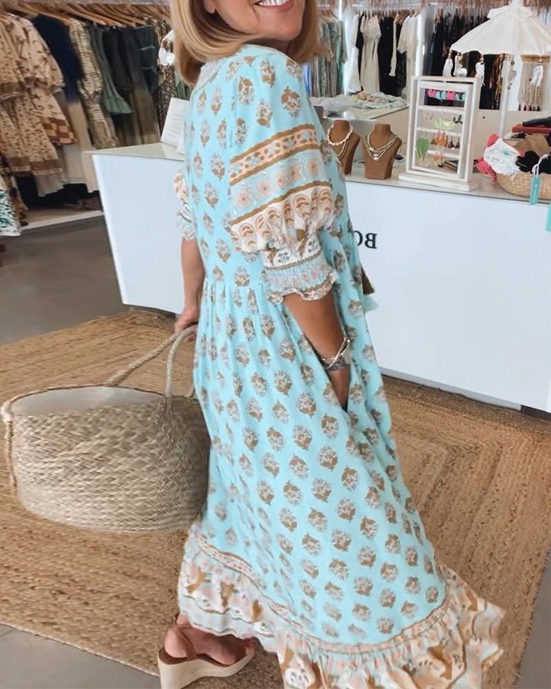 Wilmette — Printed V-Neck Maxi Dress with Tassel Tie and Fringe Hem