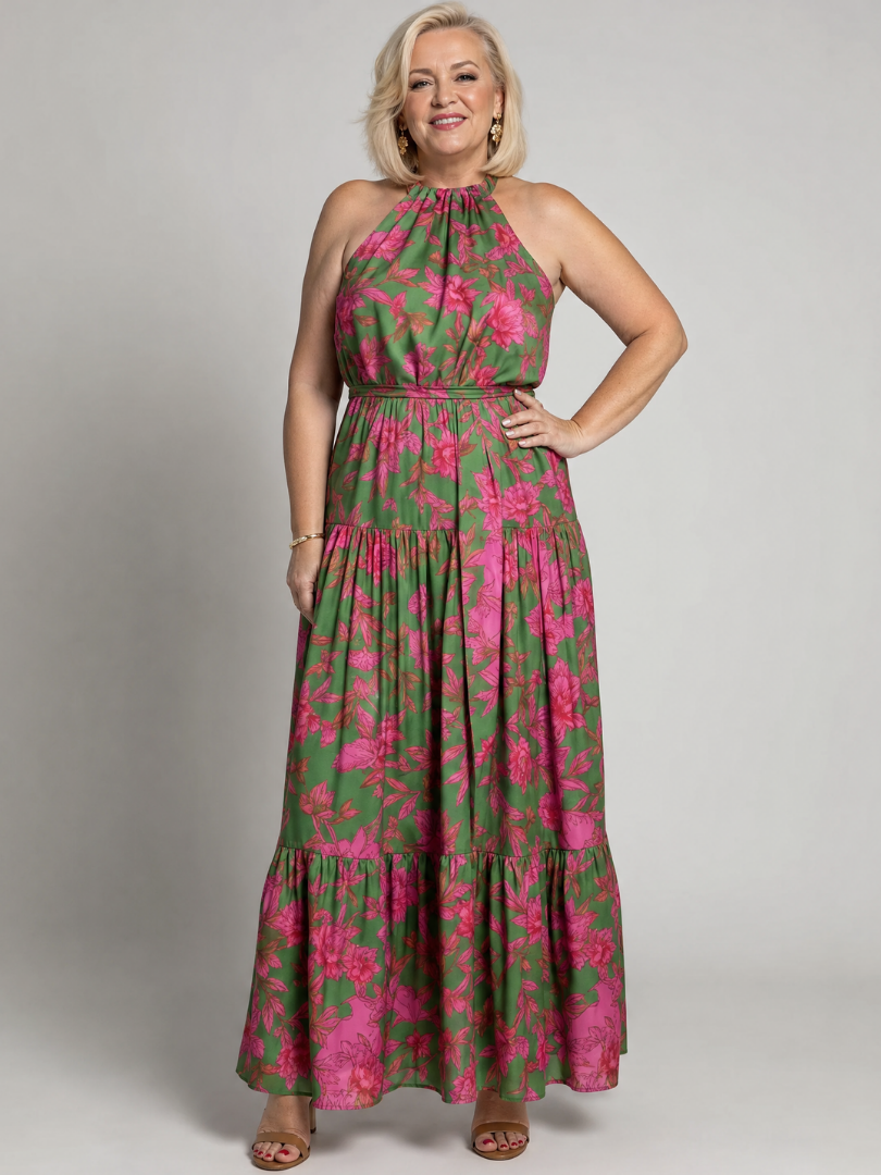 Ilenia — Green and Pink Floral Halter Midi Dress with Tiered Skirt