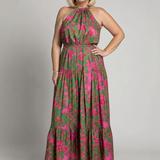 Ilenia — Green and Pink Floral Halter Midi Dress with Tiered Skirt