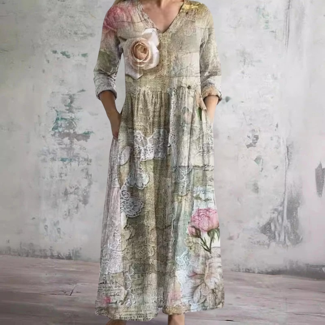 Desideria — Cream Rose Print V-Neck Maxi Dress