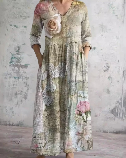 Desideria — Cream Rose Print V-Neck Maxi Dress