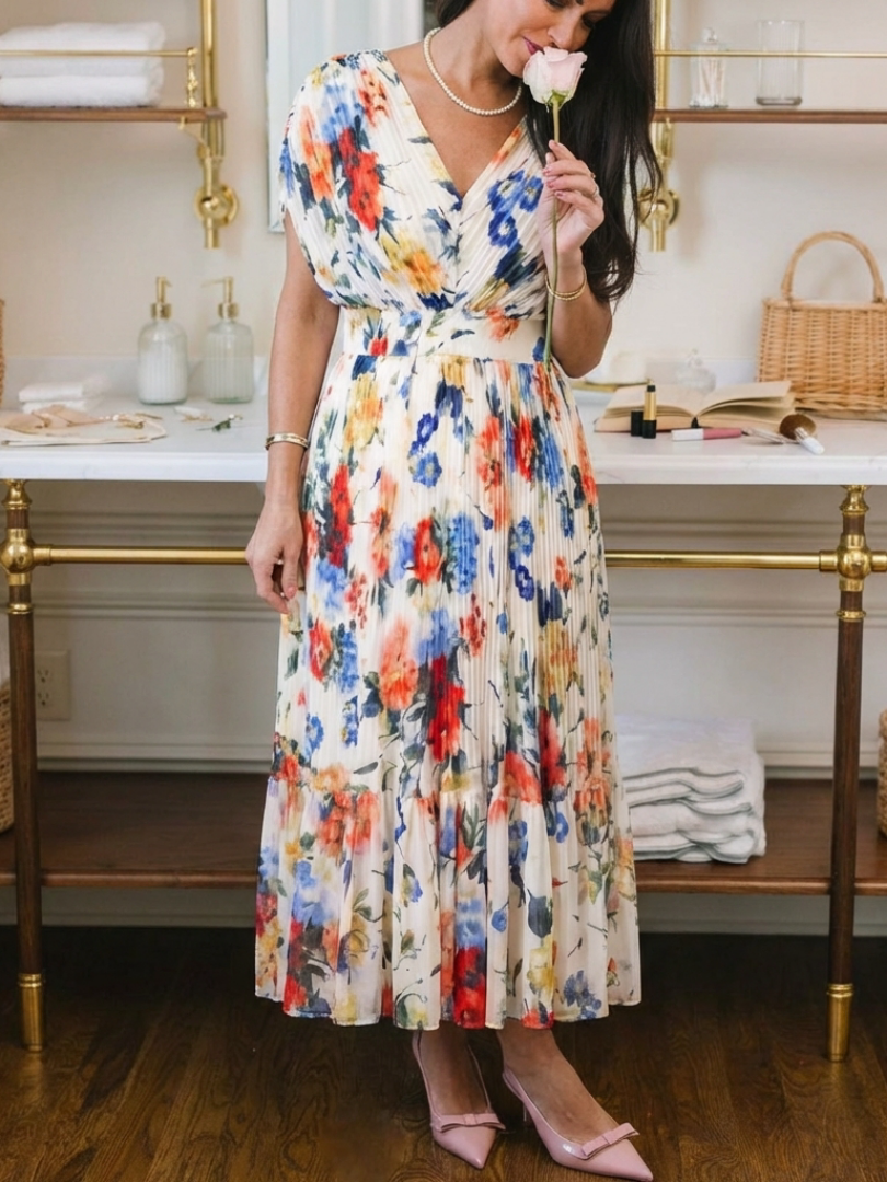 Radka — Multicolour Floral V-Neck Midi Dress with Flutter Sleeves