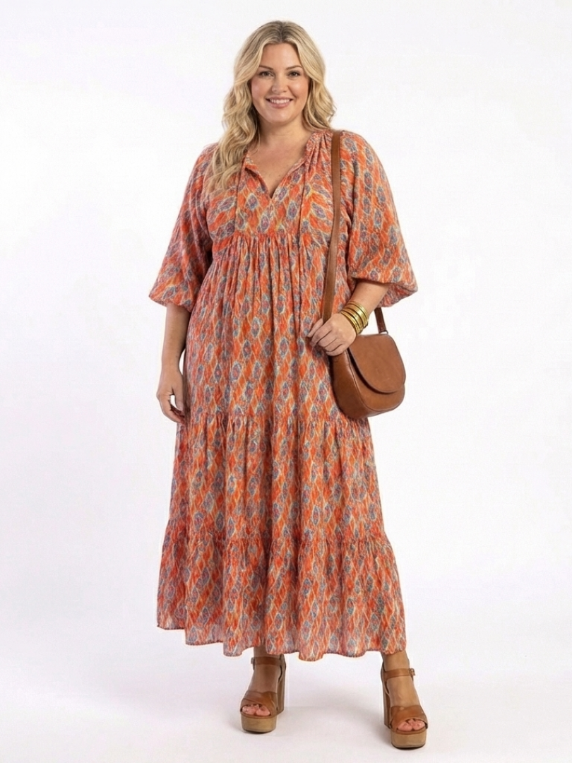 Herta — Orange Ikat-Print Tiered Maxi Dress with Tie Neck and Balloon Sleeves