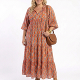Herta — Orange Ikat-Print Tiered Maxi Dress with Tie Neck and Balloon Sleeves