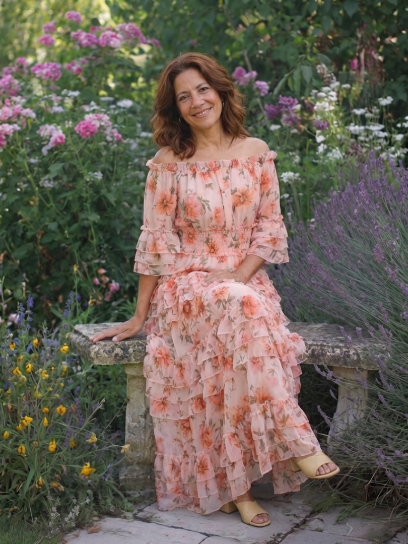 Cynwen — Peach Floral Off-Shoulder Tiered Maxi Dress with Ruffle Hem