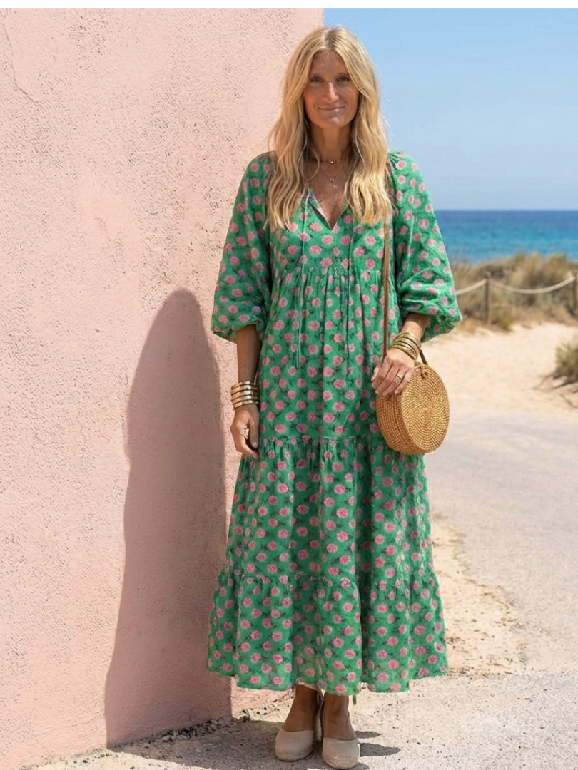 Gerlinde — Green Block-Print Tiered Maxi Dress with Puff Sleeves