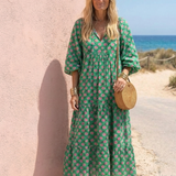 Gerlinde — Green Block-Print Tiered Maxi Dress with Puff Sleeves