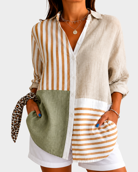 Sabrina — Blusa Patchwork Listrado Bege e Verde-Oliva