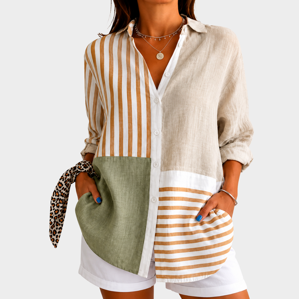 Sabrina — Blusa Patchwork Listrado Bege e Verde-Oliva