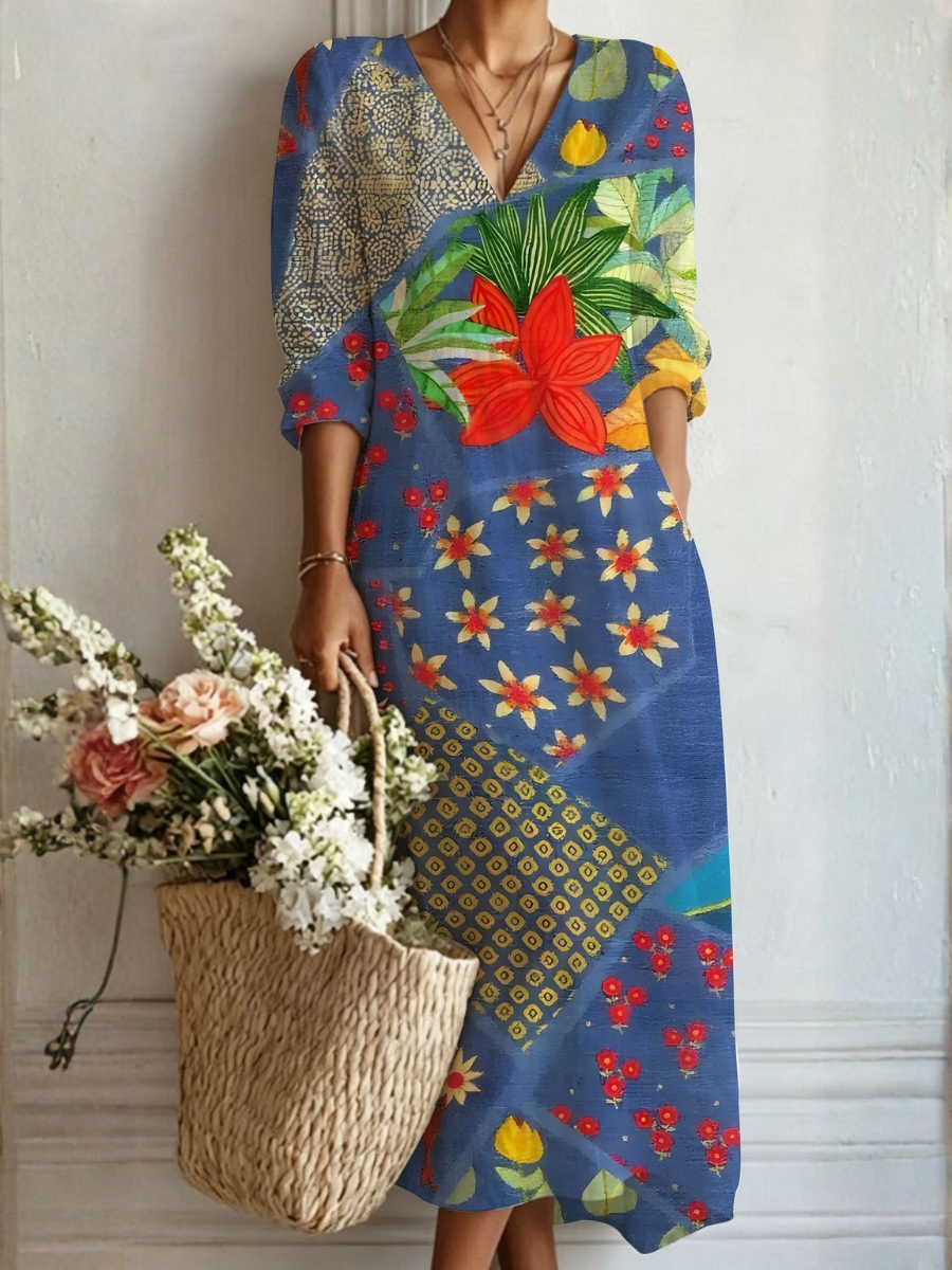 Brooklyn — Blue Patchwork Botanical V-Neck Boho Maxi Dress